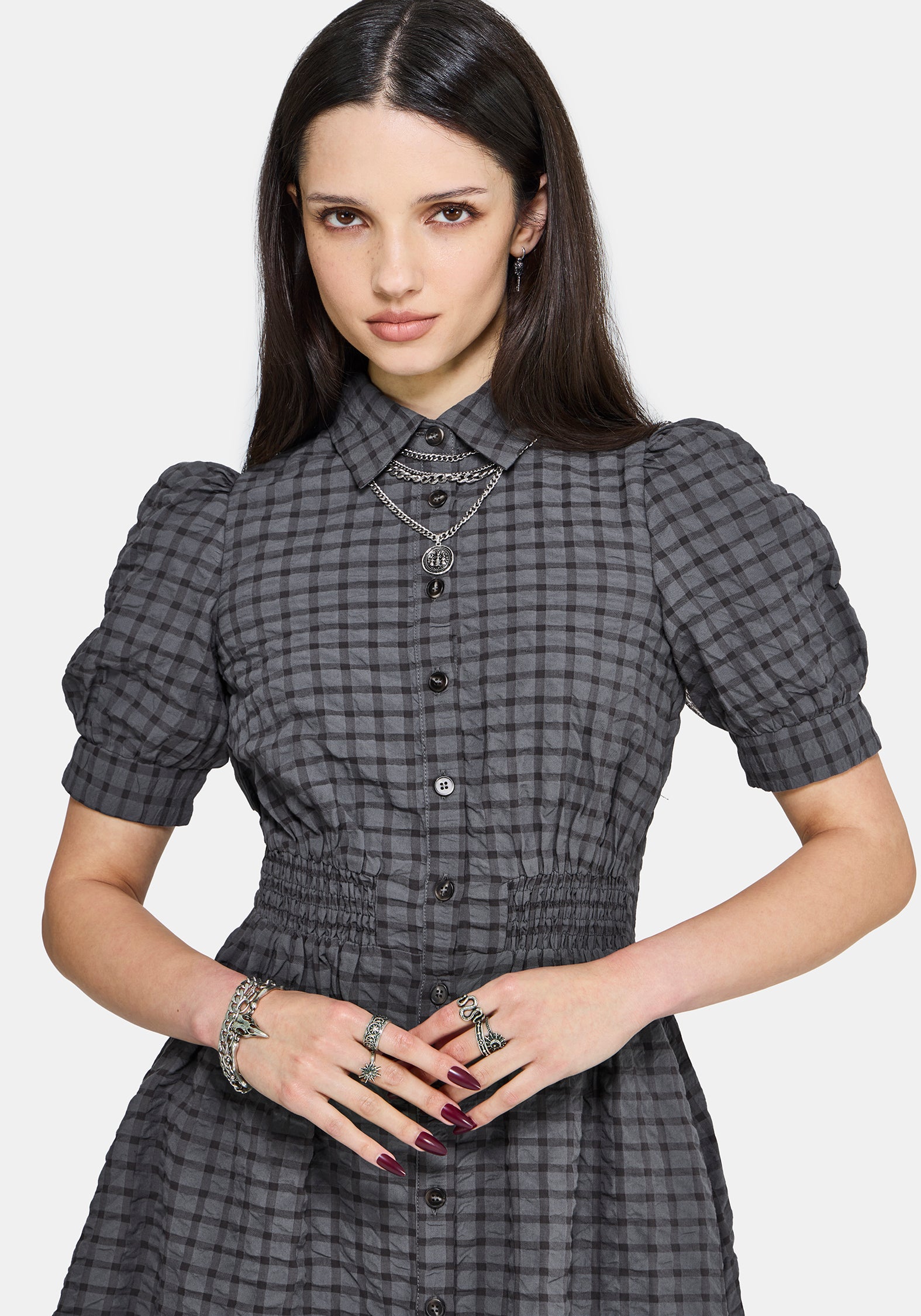 Nimira Check Puff Sleeve Mini Dress