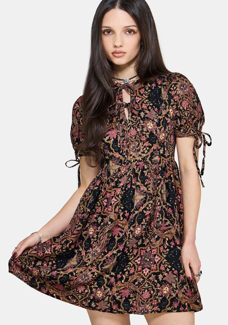 Mythos Print Tie Front Mini Dress Disturbia Mythos Print Tie Front Mini Dress Disturbia