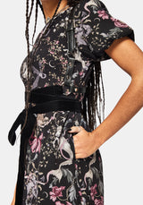 Merunicorn Enchanted Forest Print Puff Sleeve Midi Dress