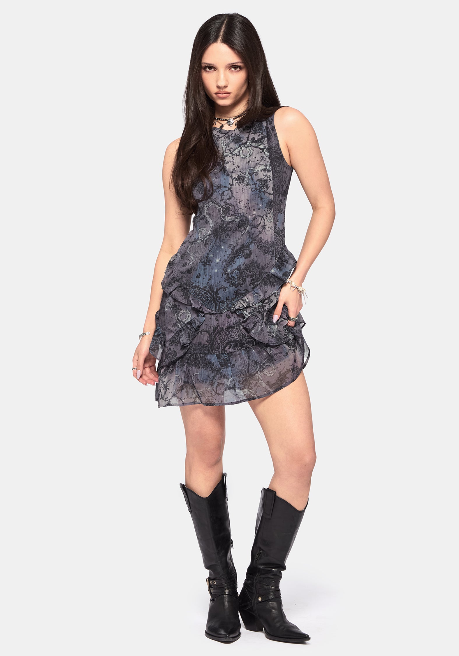 Gaia Celestial Print Chiffon Mini Dress