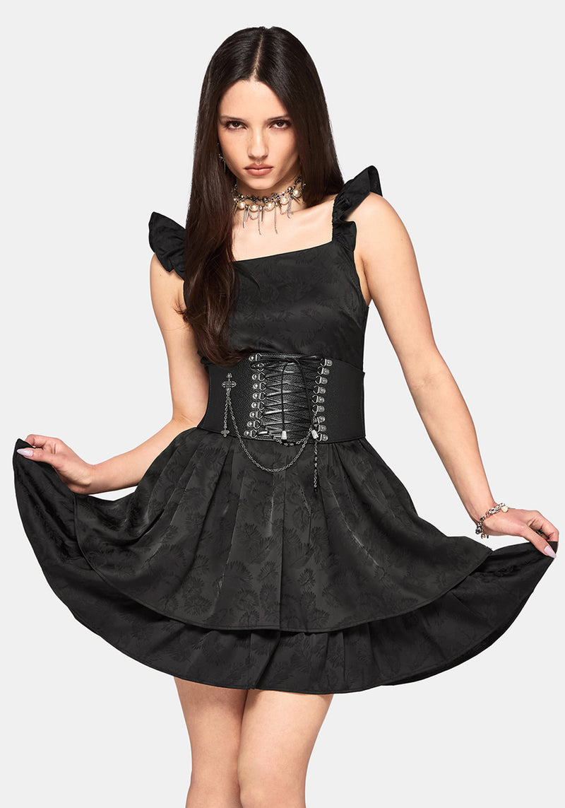 Elaria Jacquard Tie Back Tiered Babydoll Mini Dress Disturbia Elaria Jacquard Tie Back Tiered Babydoll Mini Dress Disturbia