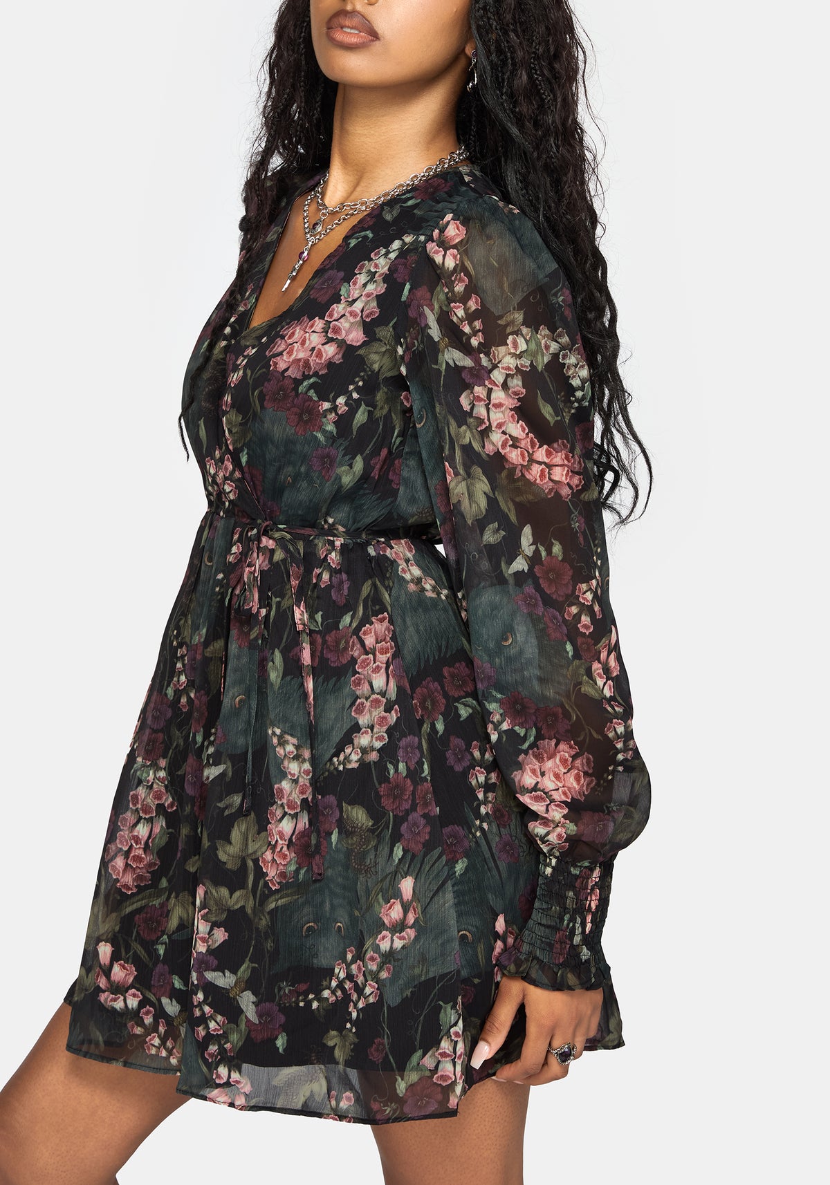 Noctua Chiffon Wrap Long Sleeve Mini Dress