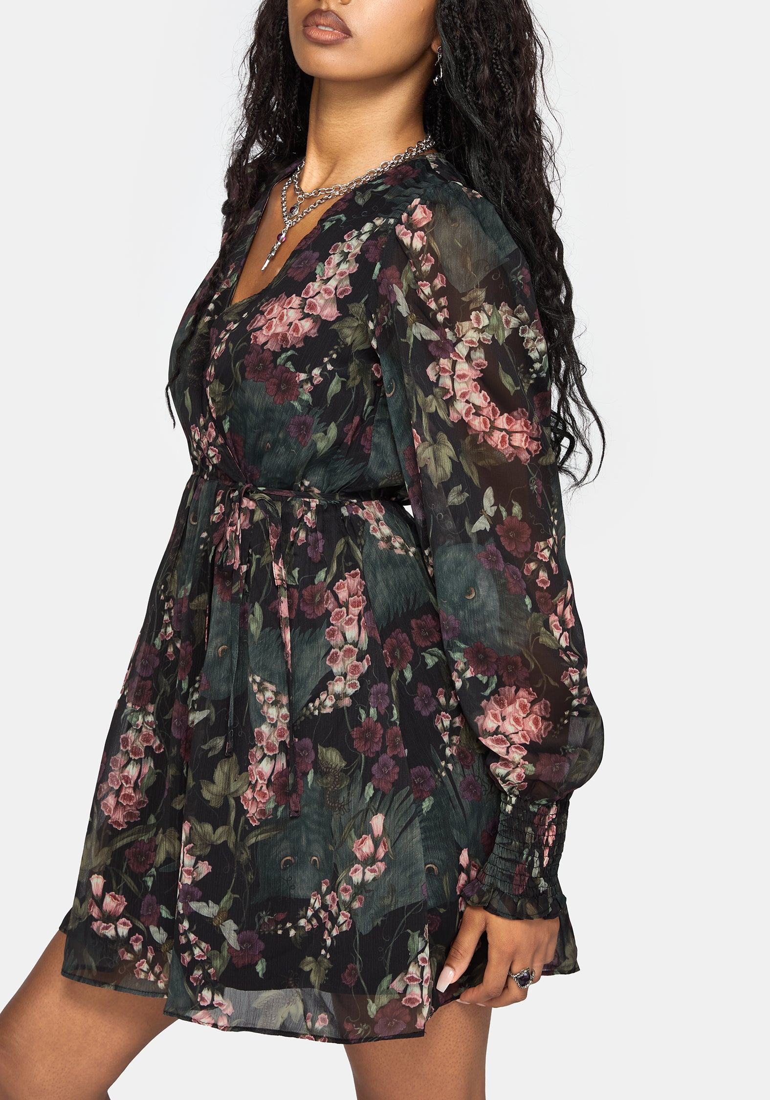 Noctua Chiffon Wrap Long Sleeve Mini Dress