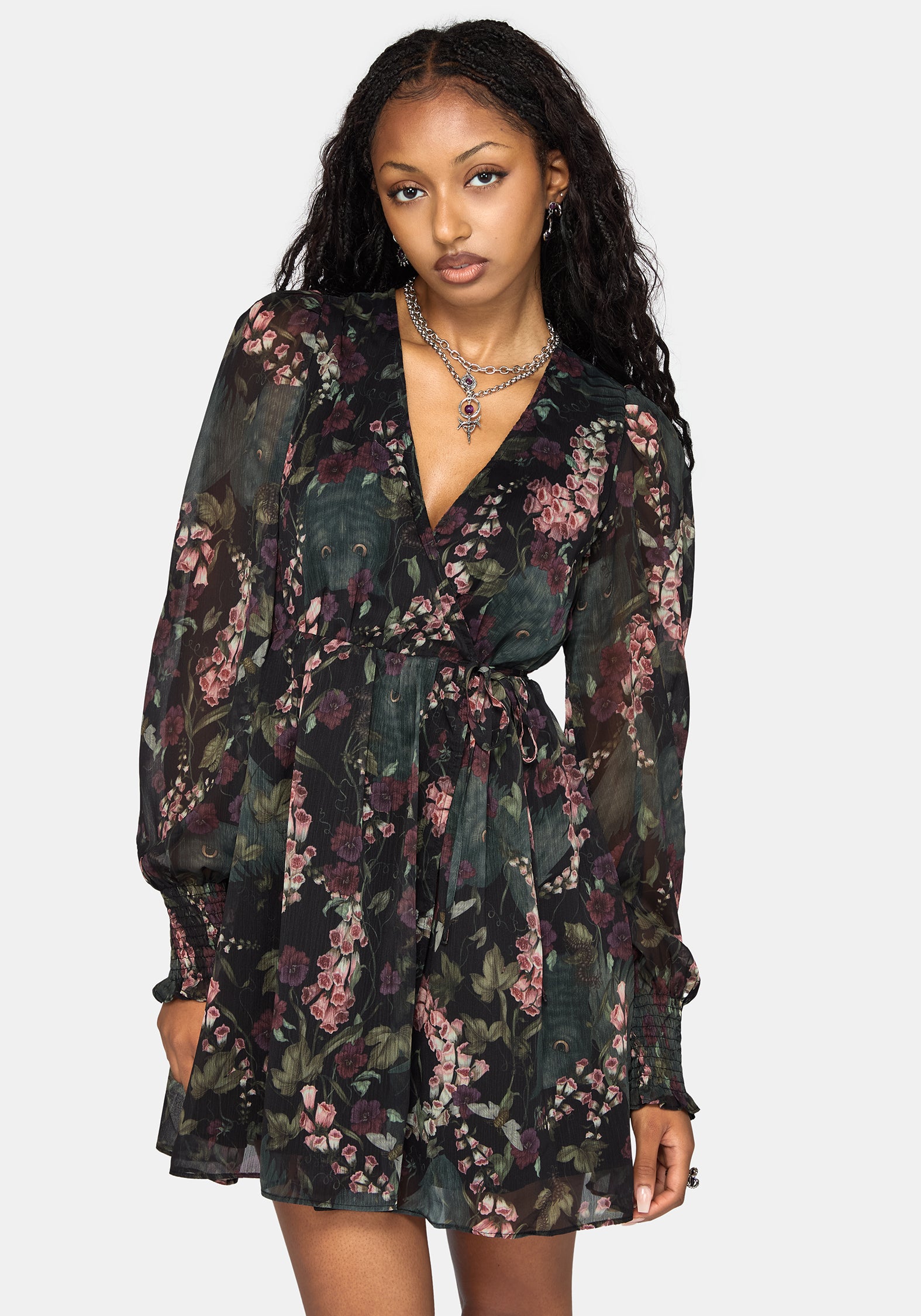 Noctua Chiffon Wrap Long Sleeve Mini Dress – Disturbia