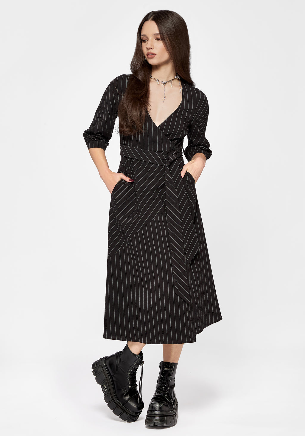 striped midi wrap dress Lola Striped Midi Dress-Cream L