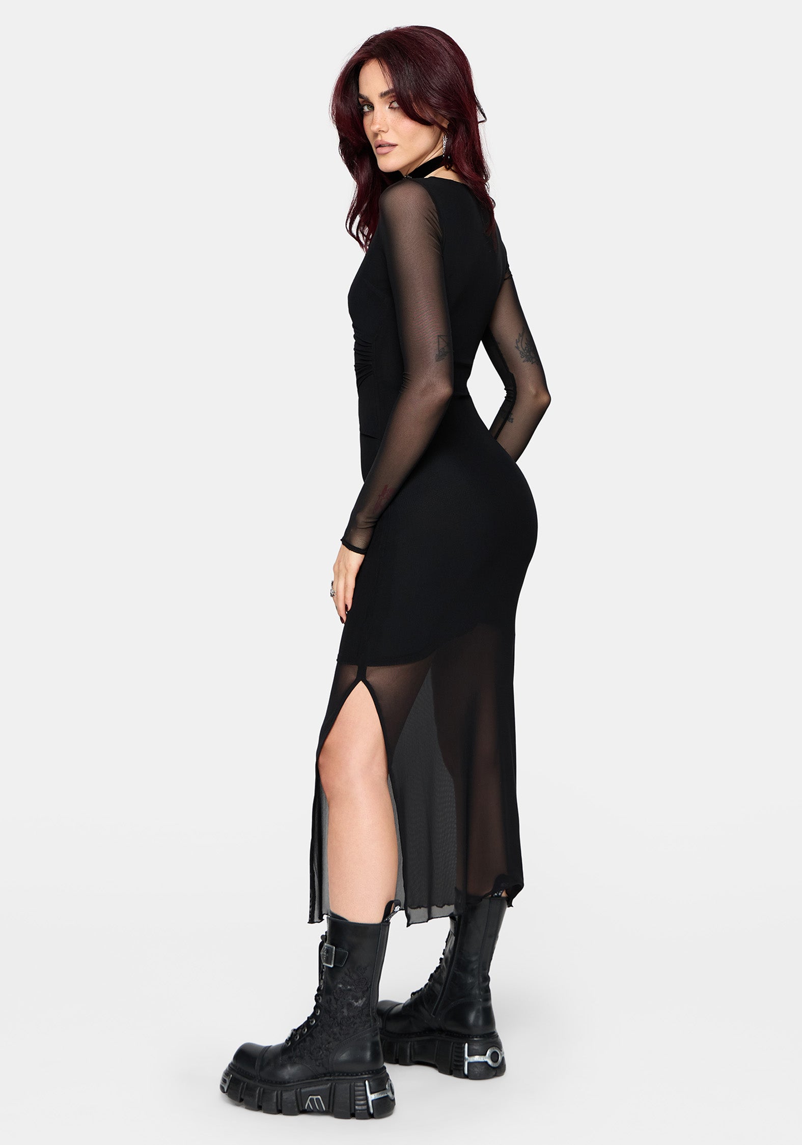 mesh behaviour ruched dress Black Ruched Dress - Black Mesh Dress - Long Sleeve Mini Dress