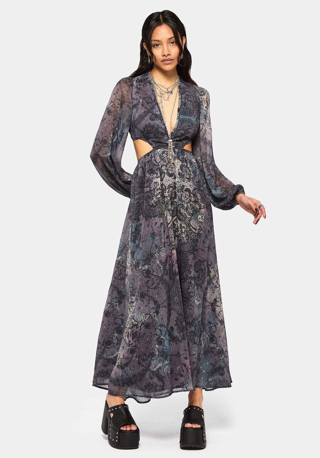 Gaia Celestial Print Chiffon Maxi Dress  Disturbia