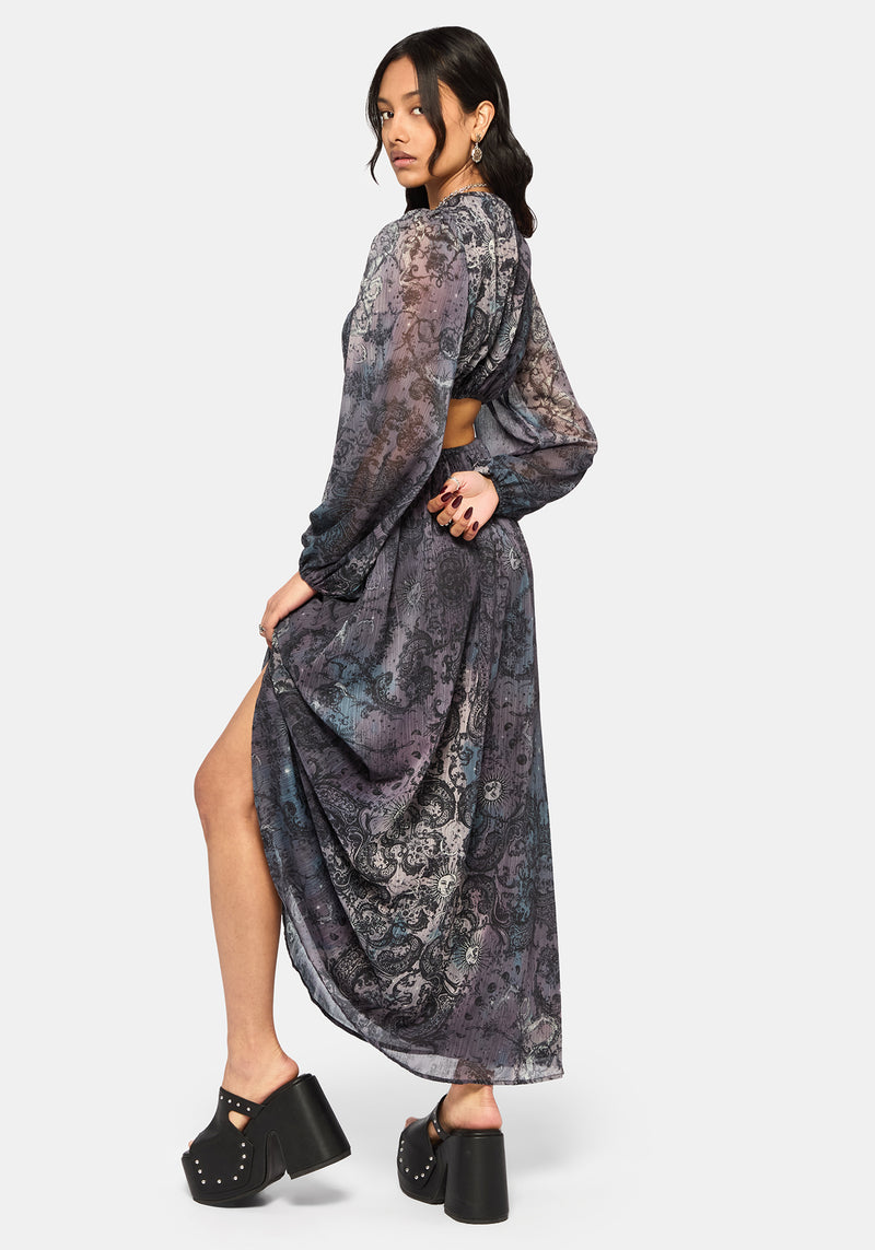 gray chiffon maxi dress Gaia Celestial Print Chiffon Maxi Dress – Disturbia