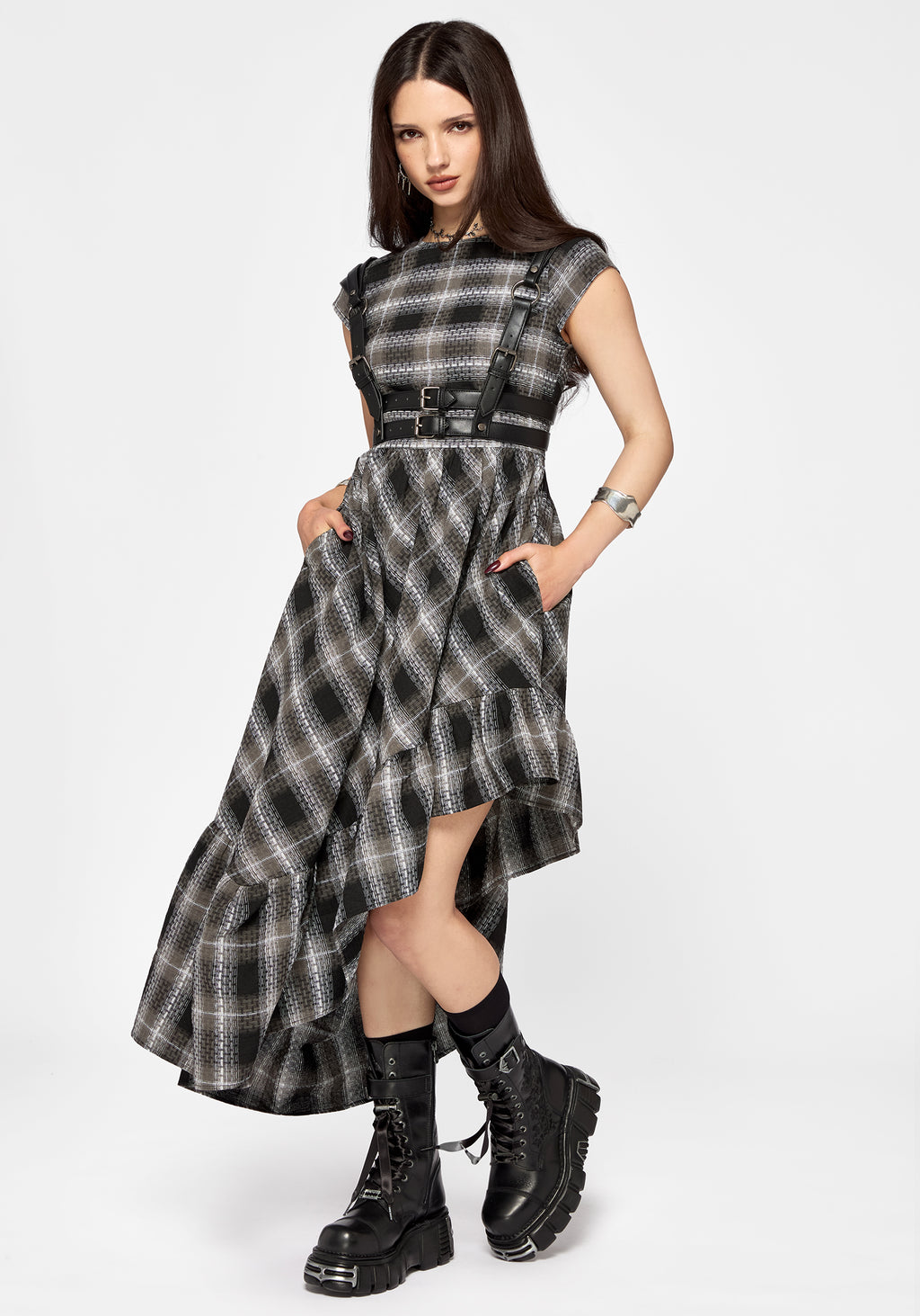 Noemi Check Asymmetric Ruffle Maxi Dress – Disturbia