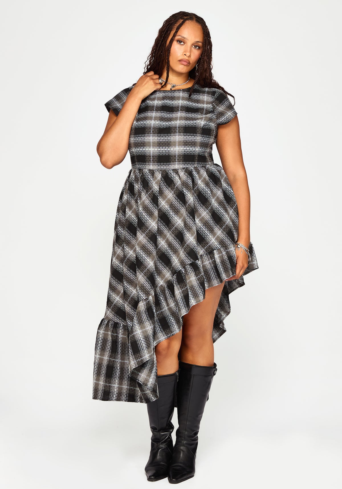 Noemi Check Asymmetric Ruffle Maxi Dress