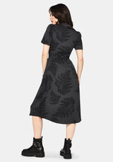 Ruin Fern Printed Button Up Midi Shirt Dress - Grey