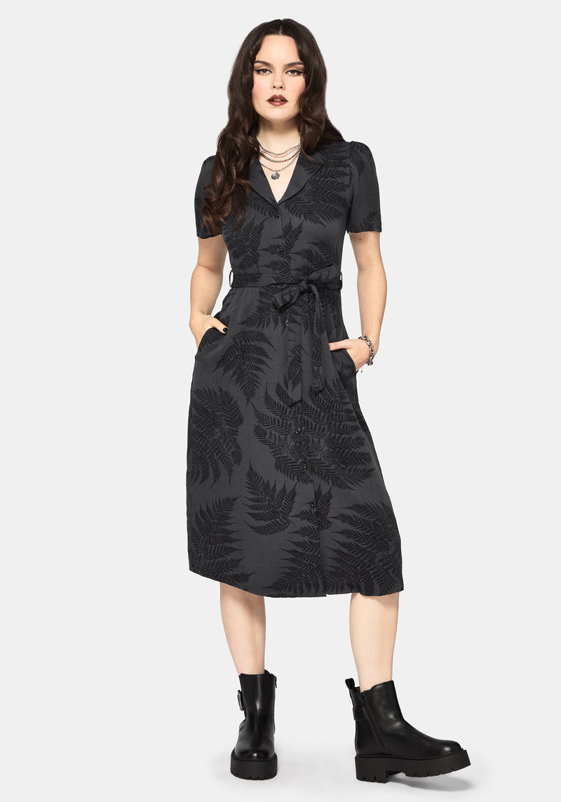 grey midi shirt dress Ruin Fern Printed Button Up Midi Shirt Dress