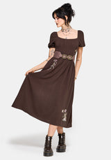 Faela Fairy Embroidered Milkmaid Ruched Midi Dress US 2