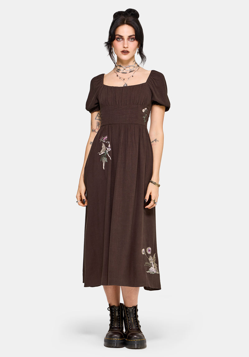 Faela Fairy Embroidered Milkmaid Ruched Midi Dress – Disturbia