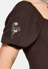 Faela Fairy Embroidered Milkmaid Ruched Midi Dress US 2