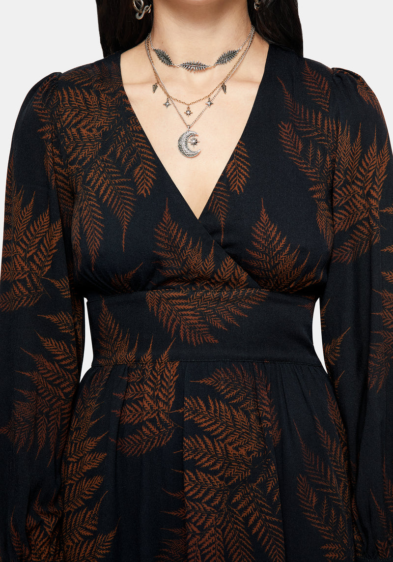 Ruin Fern Printed V-Neck Mini Dress - Brown  Disturbia