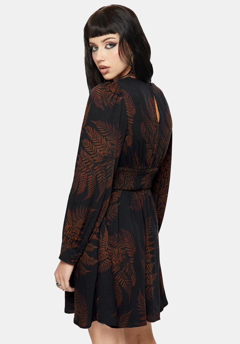 Ruin Fern Printed V-Neck Mini Dress - Brown Disturbia Ruin Fern Printed V-Neck Mini Dress - Brown Disturbia
