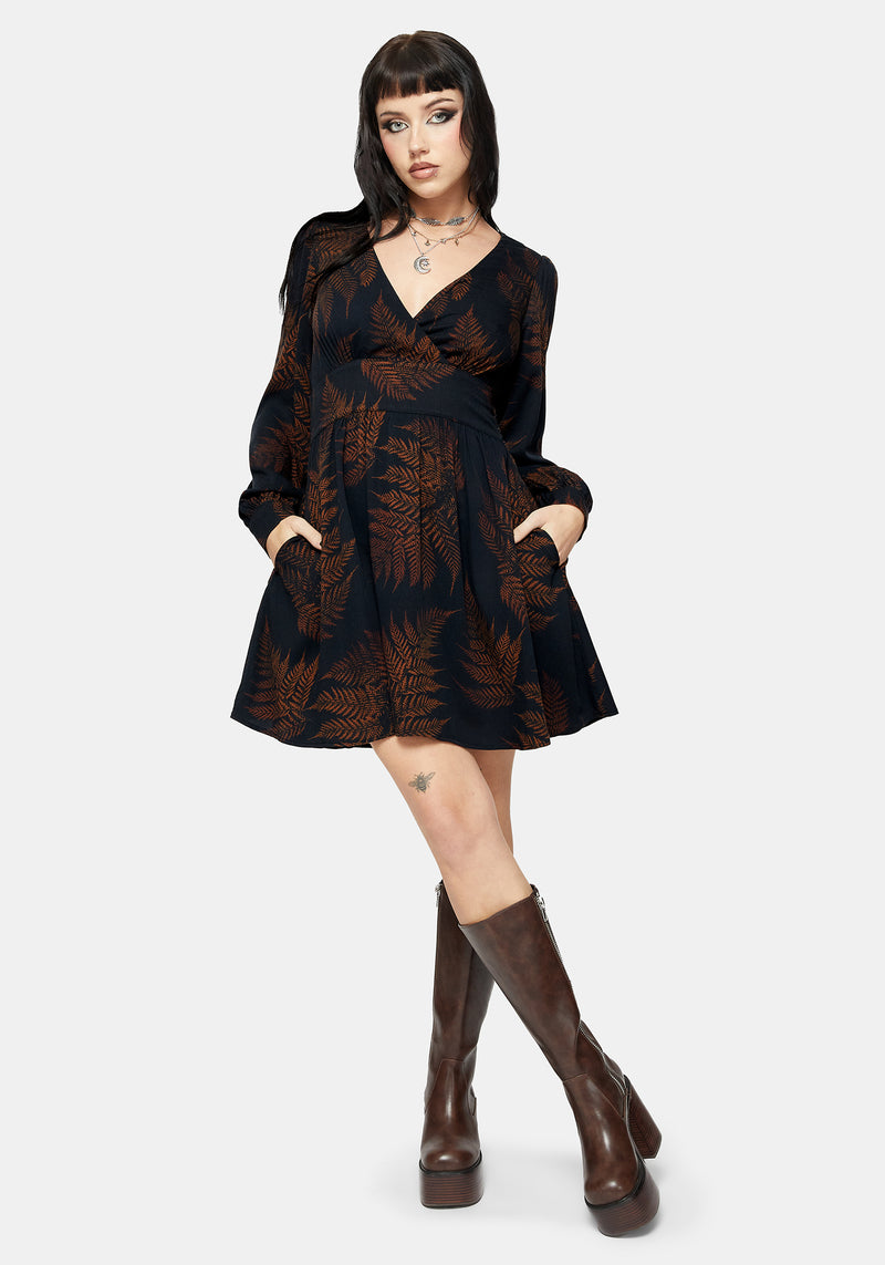 Ruin Fern Printed V-Neck Mini Dress