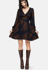 Ruin Fern Printed V-Neck Mini Dress - Brown