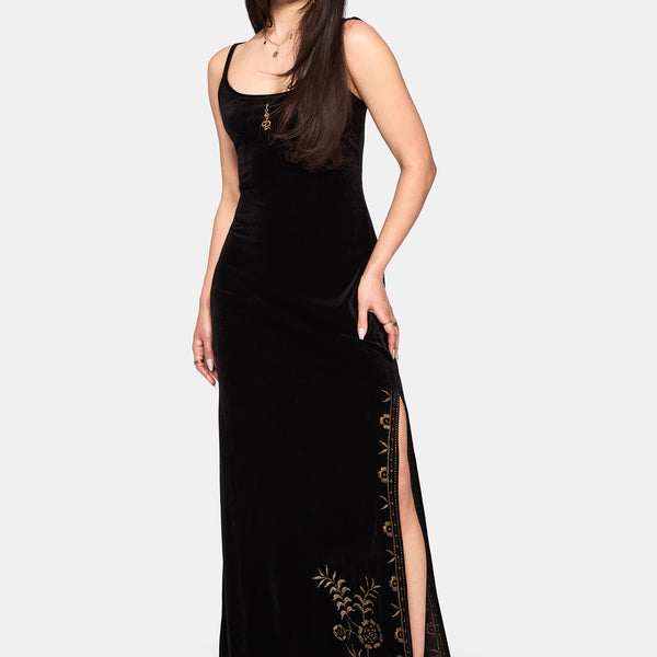 Kobra Embroidered Velour Maxi Slip Dress – Disturbia