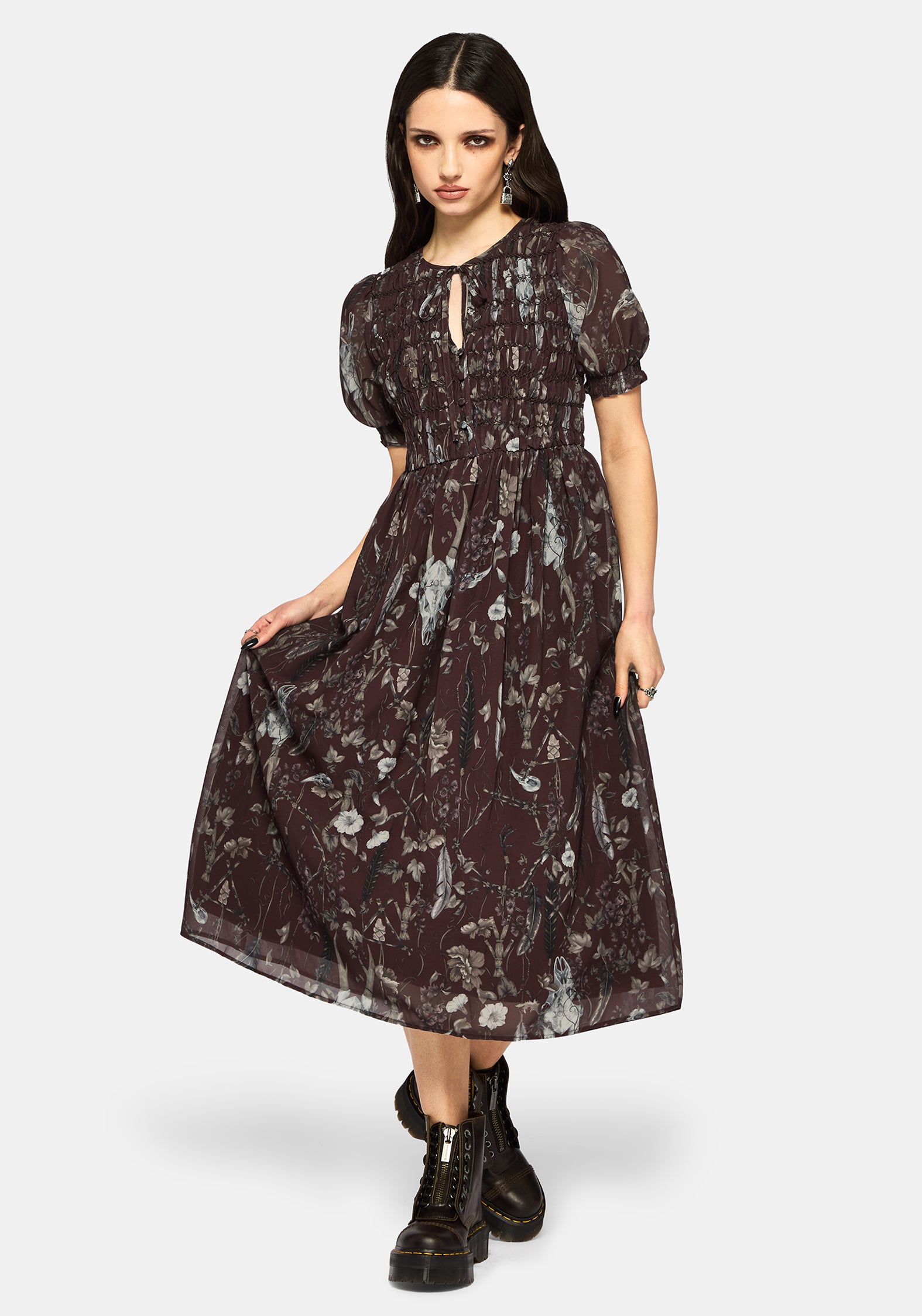 Dusha Garden Print Chiffon Shirred Button Down Midi Dress