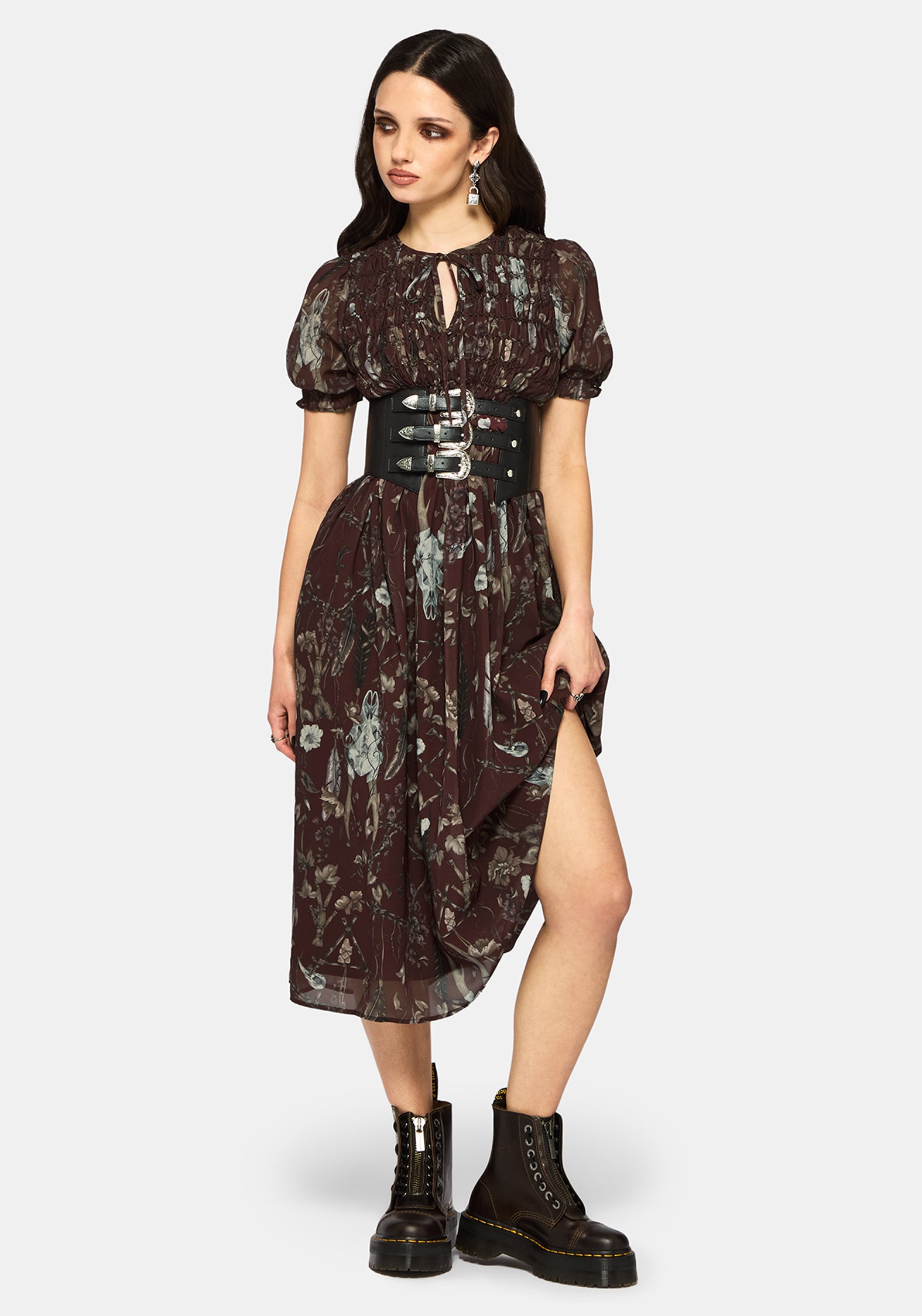 button down chiffon dress Midnight Floral Button Down Ruffle Chiffon Dress for Moonlit Dinners & Gallery Dates Black S-M