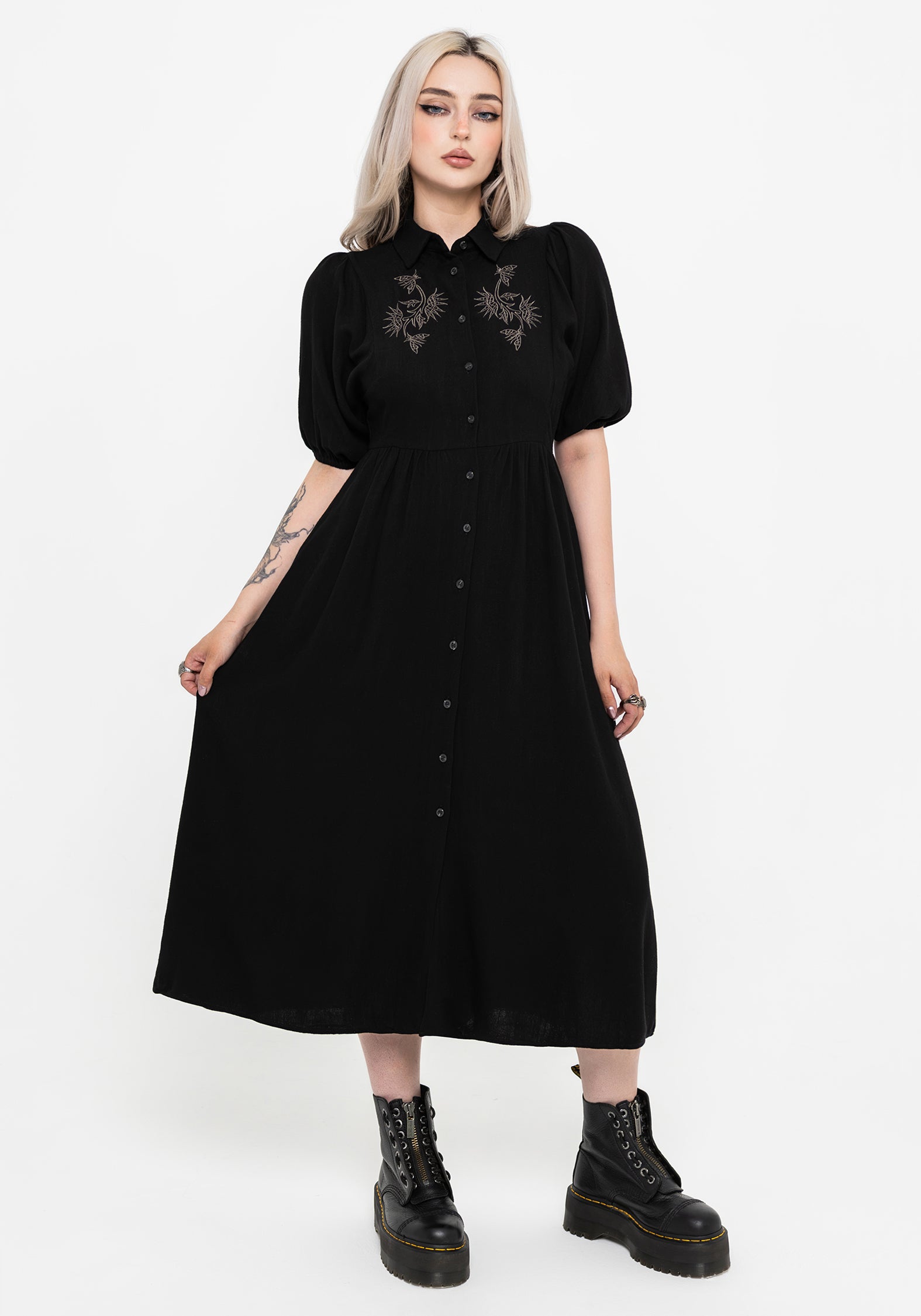 floral embroidered shirt dress Abstract Floral Embroidery Belted Shirt Dress Ivory / XL / PF259363