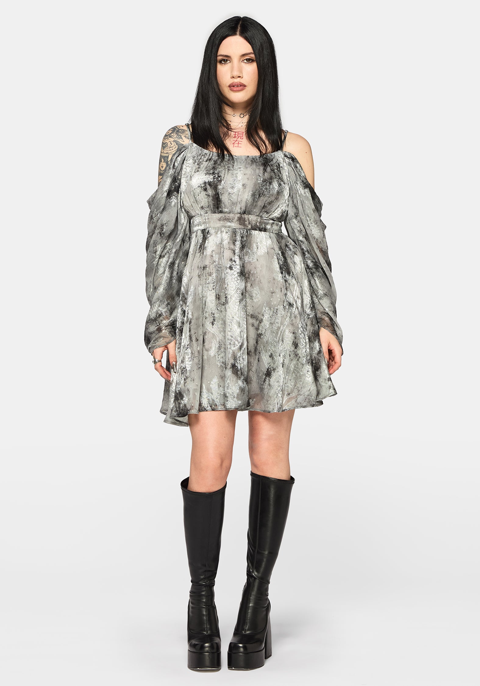 grey blouson dress Maddie Cold Shoulder Blouson Mini Dress – Disturbia