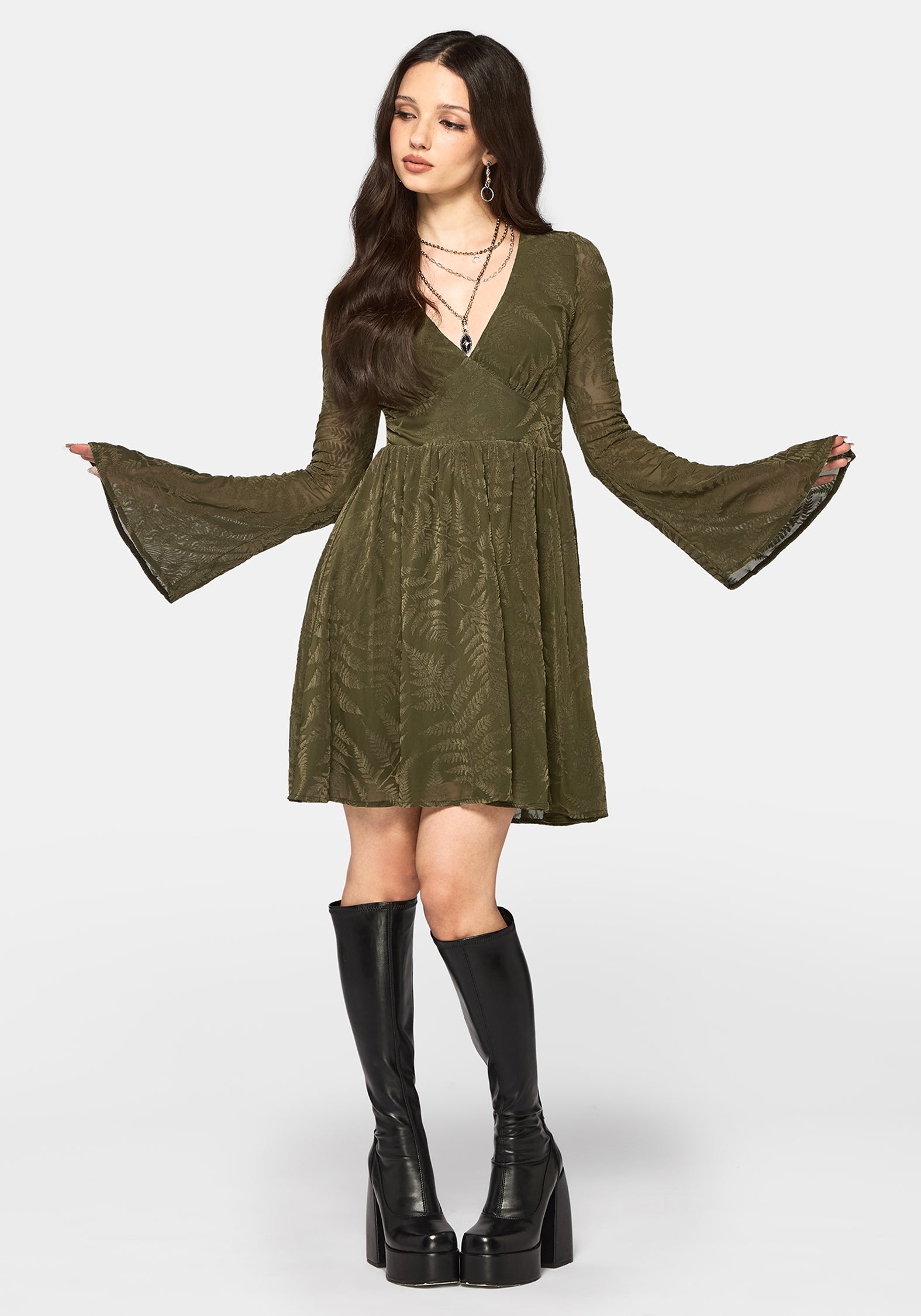 Lunafern Flocked Fern Flute Sleeve Mini Dress - Green