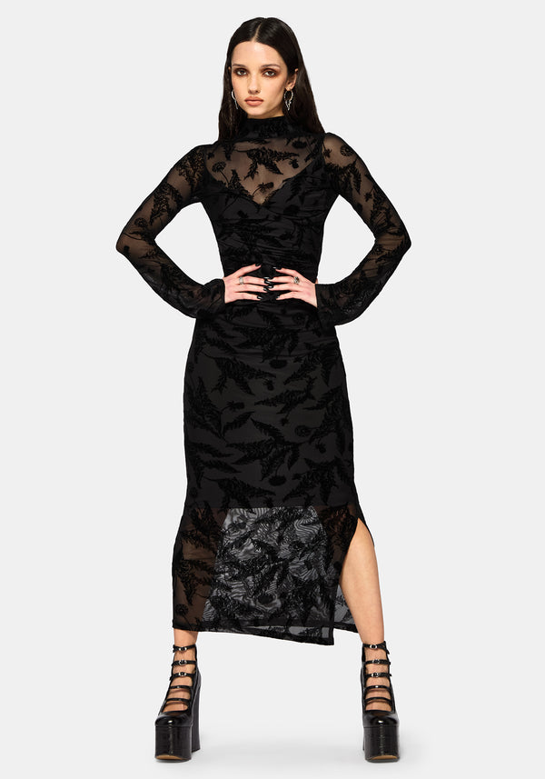 knee length dresses for ladies Rosaleigh Flock Velour Mesh Flare Sleeve Mini Dress | Disturbia