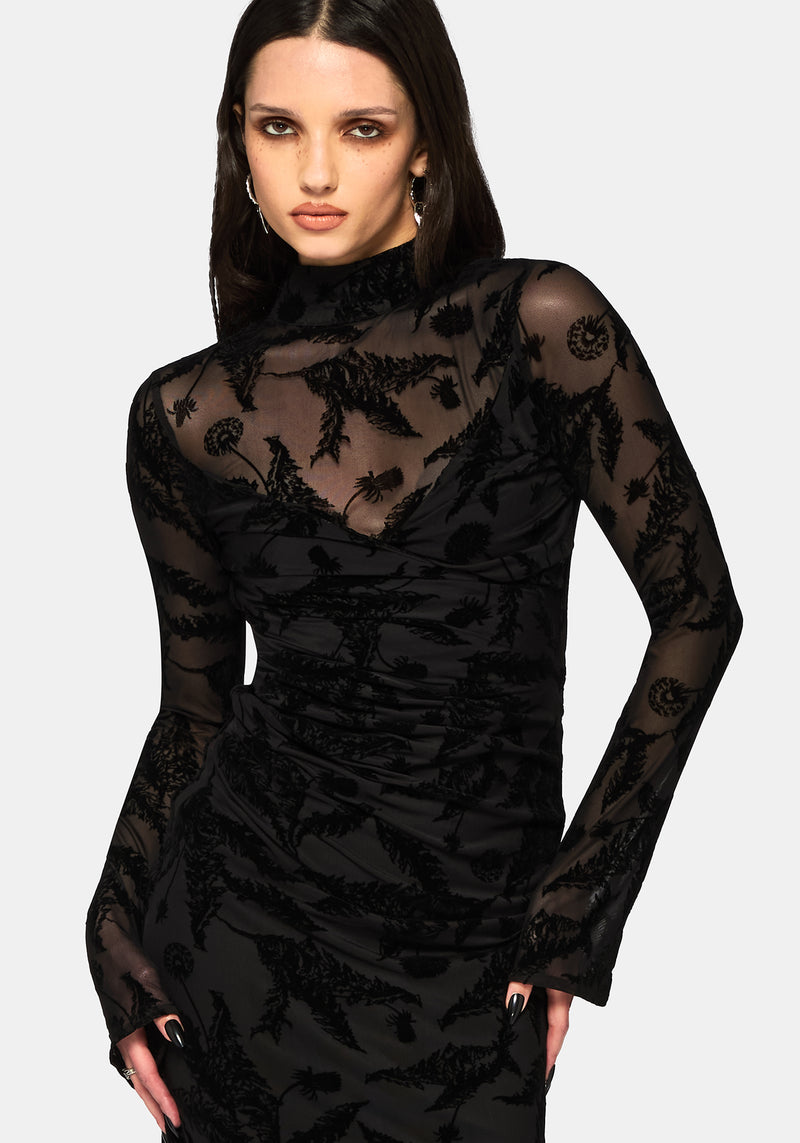 mesh ruched midaxi dress Cimora Dandelion Flocked Mesh Ruched Midaxi Dress – Disturbia