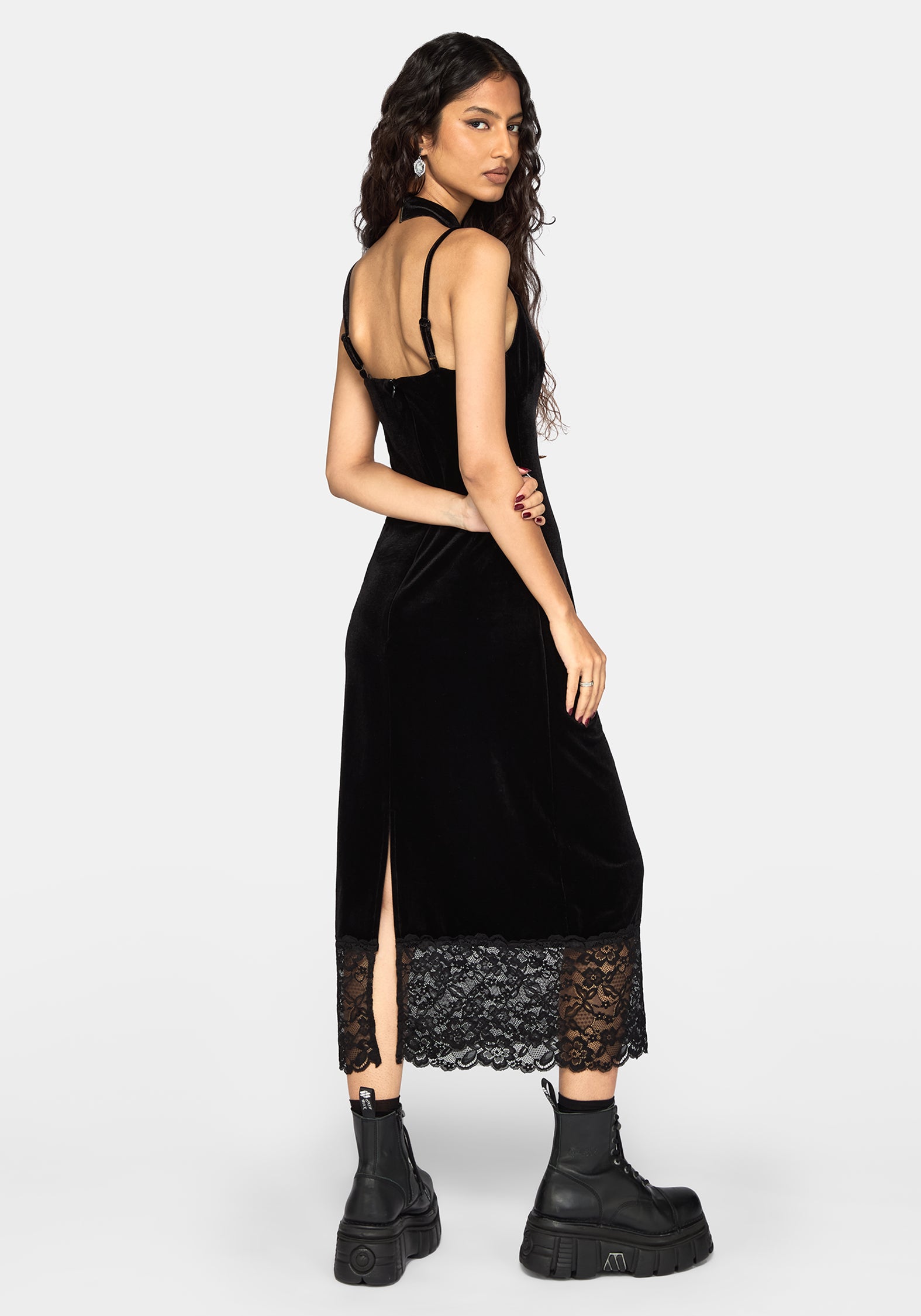 Cathy Velour Lace Hem Cami Midaxi Dress – Disturbia
