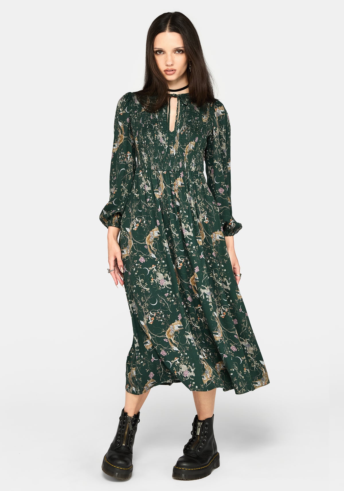 Renard Print Smocked Keyhole Midi Dress