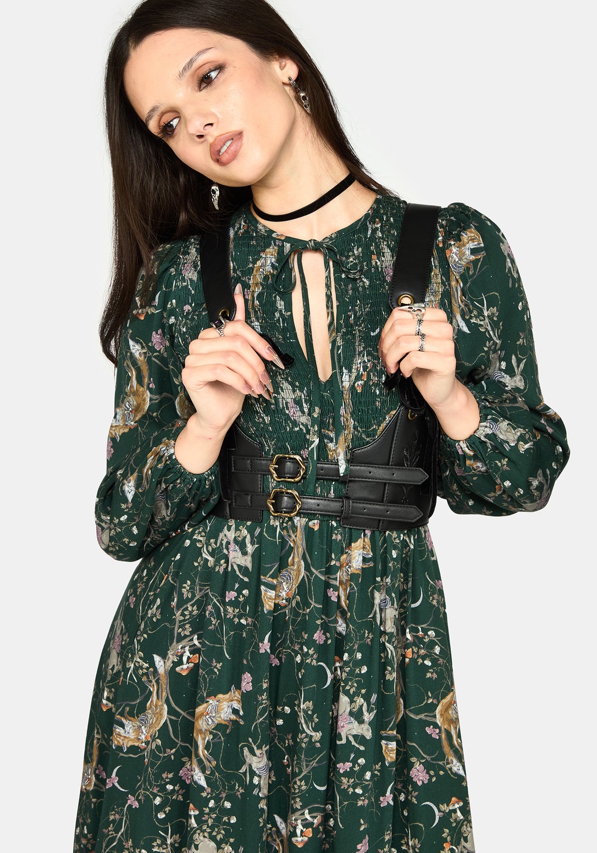 Renard Print Smocked Keyhole Midi Dress