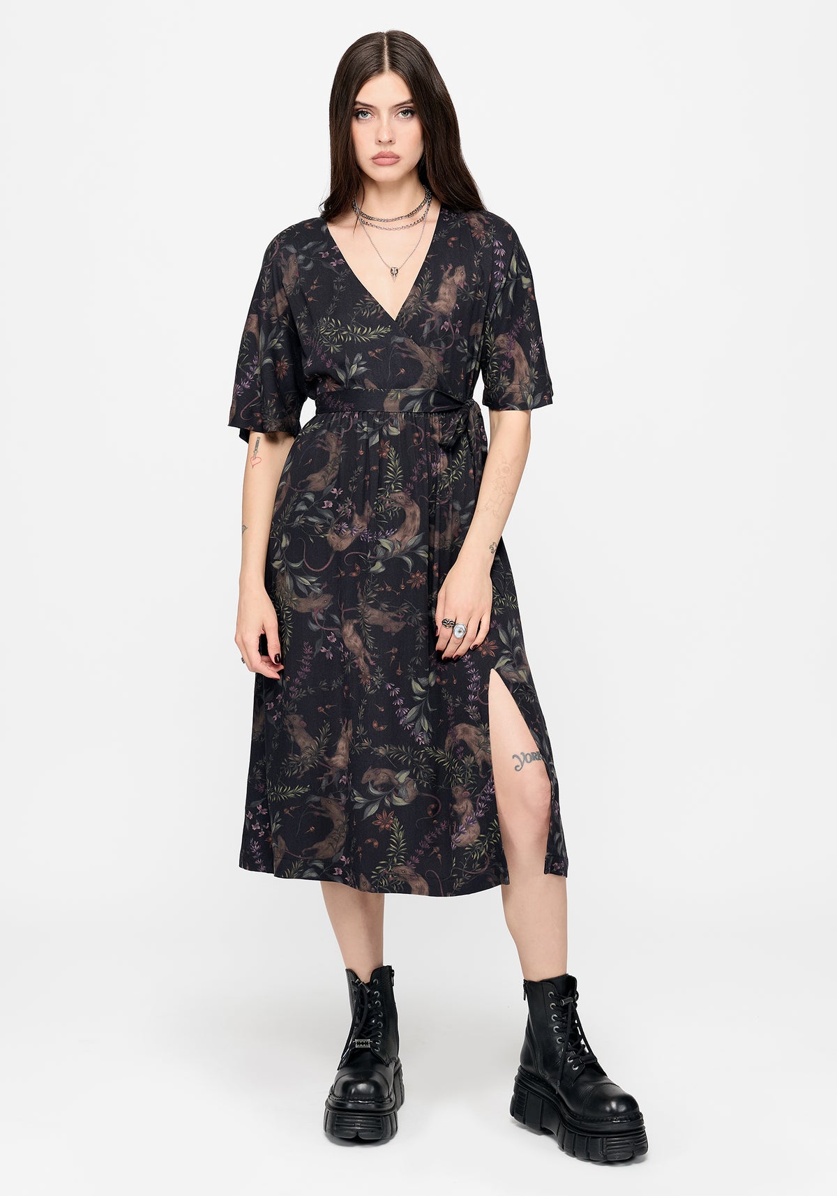 Curio Print Wrap Front Midi Dress
