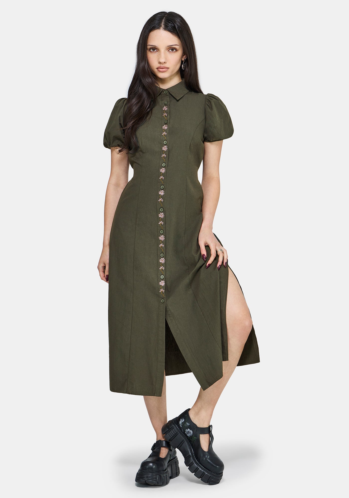 Button Detail Dress Damsel In A Dress Adie Button Dress Forest Taissa  Floral Lace Button Up