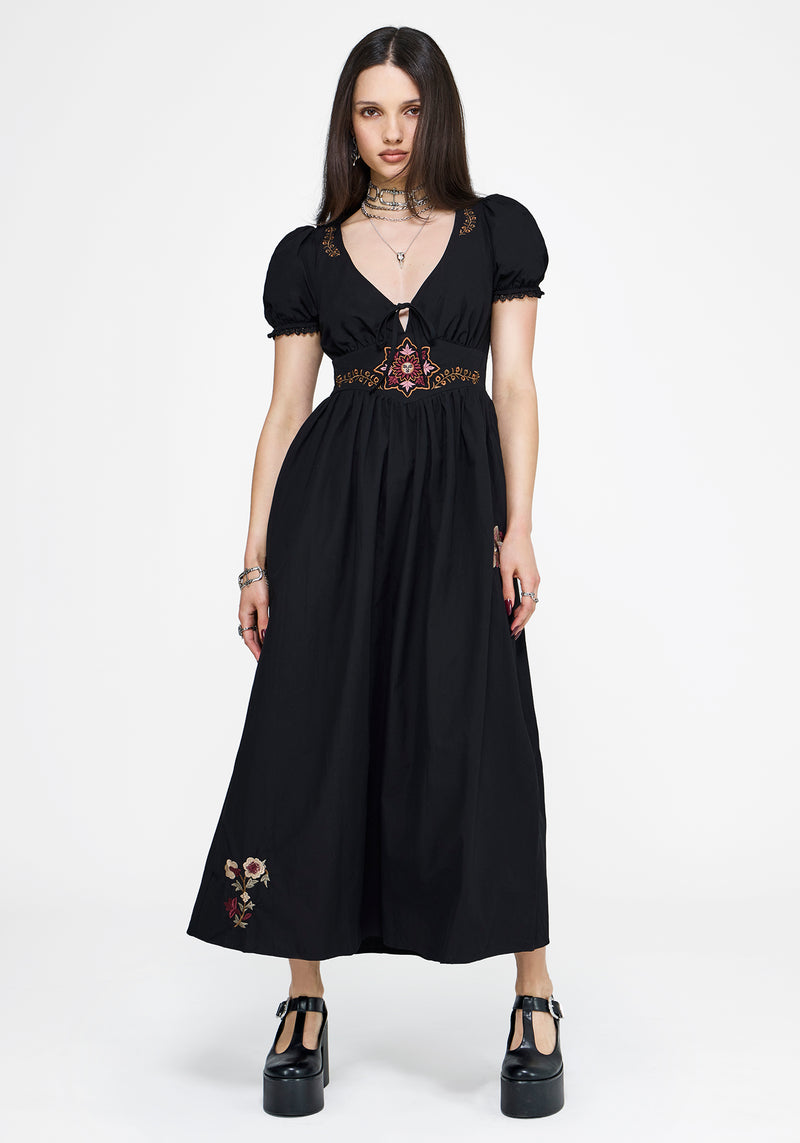 Arianwen Embroidered Puff Sleeve Midaxi Dress - Black Disturbia Arianwen Embroidered Puff Sleeve Midaxi Dress - Black Disturbia