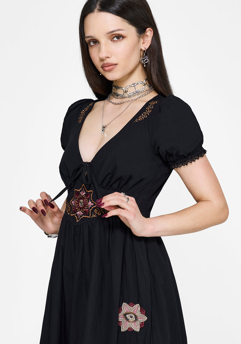 Arianwen Embroidered Puff Sleeve Midaxi Dress - Black Disturbia Arianwen Embroidered Puff Sleeve Midaxi Dress - Black Disturbia