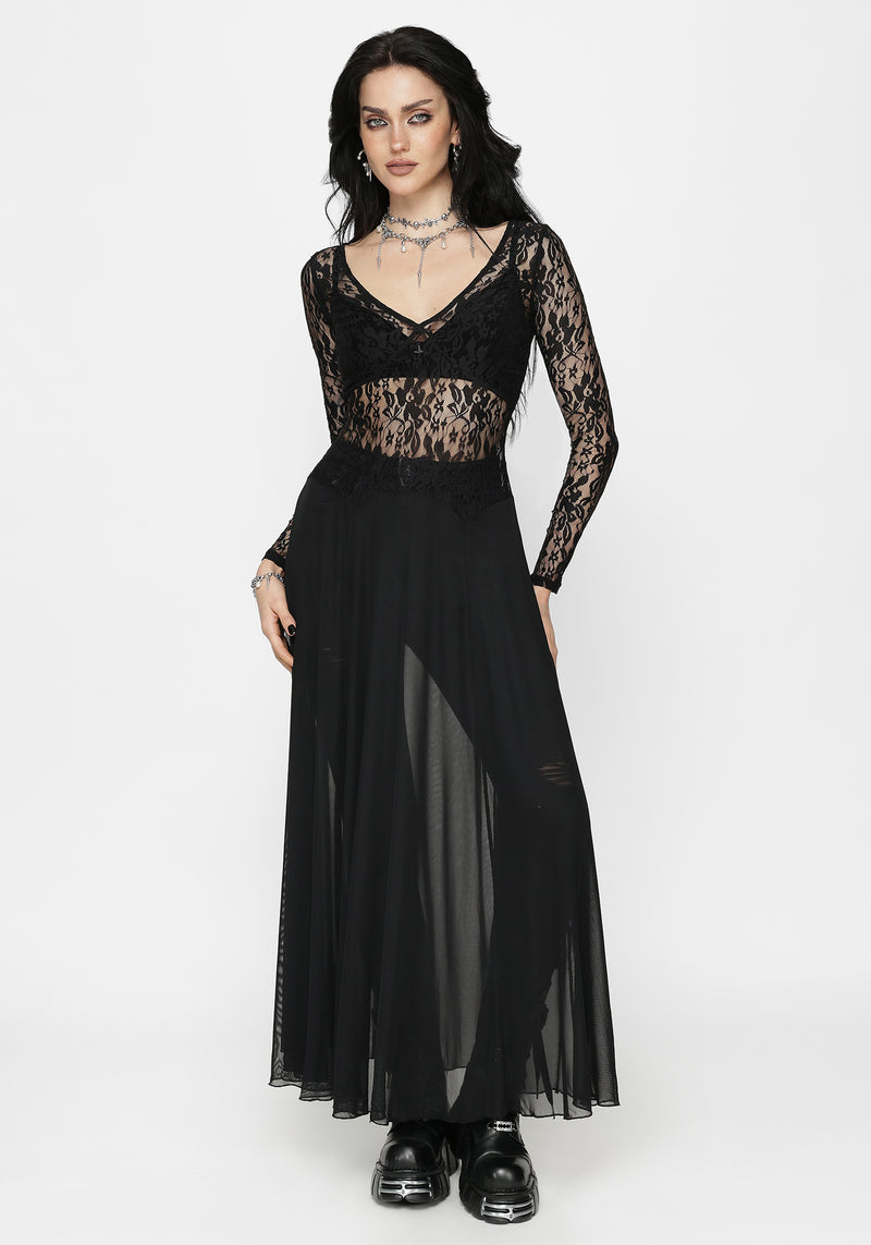 maxi dress with lace bodice A-Line Maxi Dress with Lace Corset & Sheer Tulle Overlay