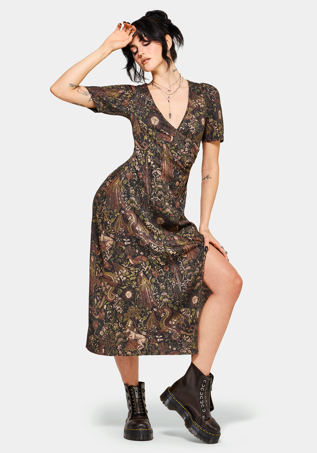 medieval cocktail dress Medieval Solid Color Irregular Short Sleeve Dress, Brown / XL(Bust 41.5-43)