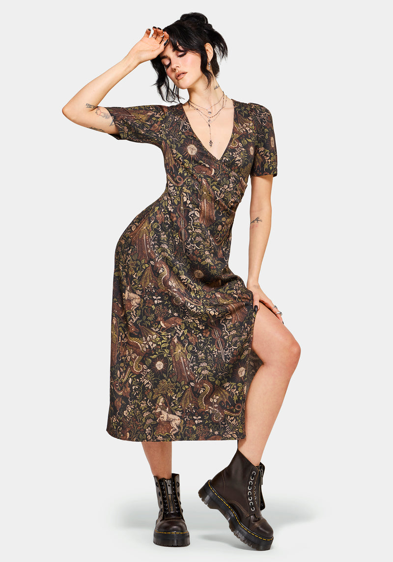 Haunt Medieval Print Wrap Midi Dress – Disturbia
