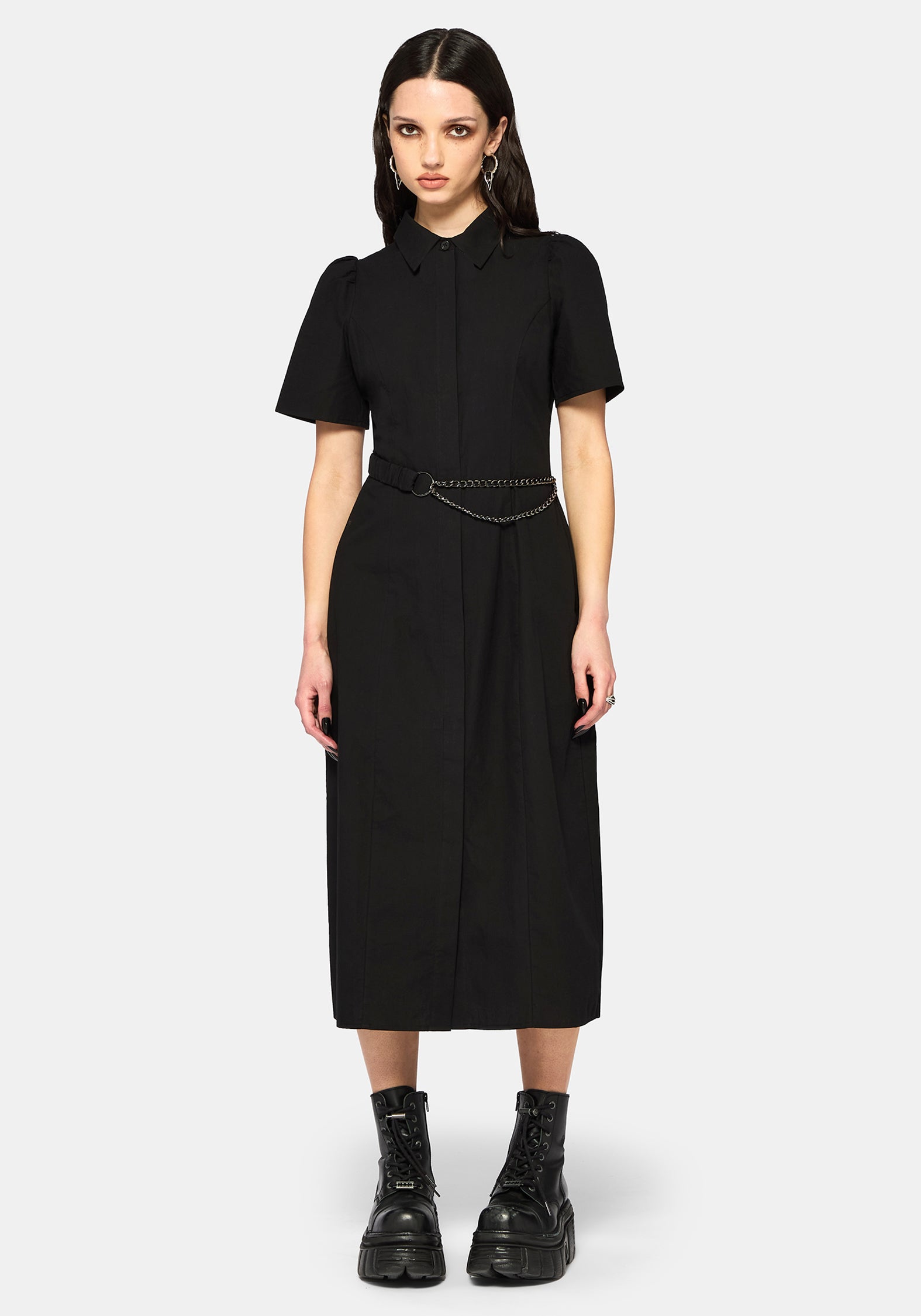 chain shirt dress Chained To Love Black Chain Print Shirt Dress