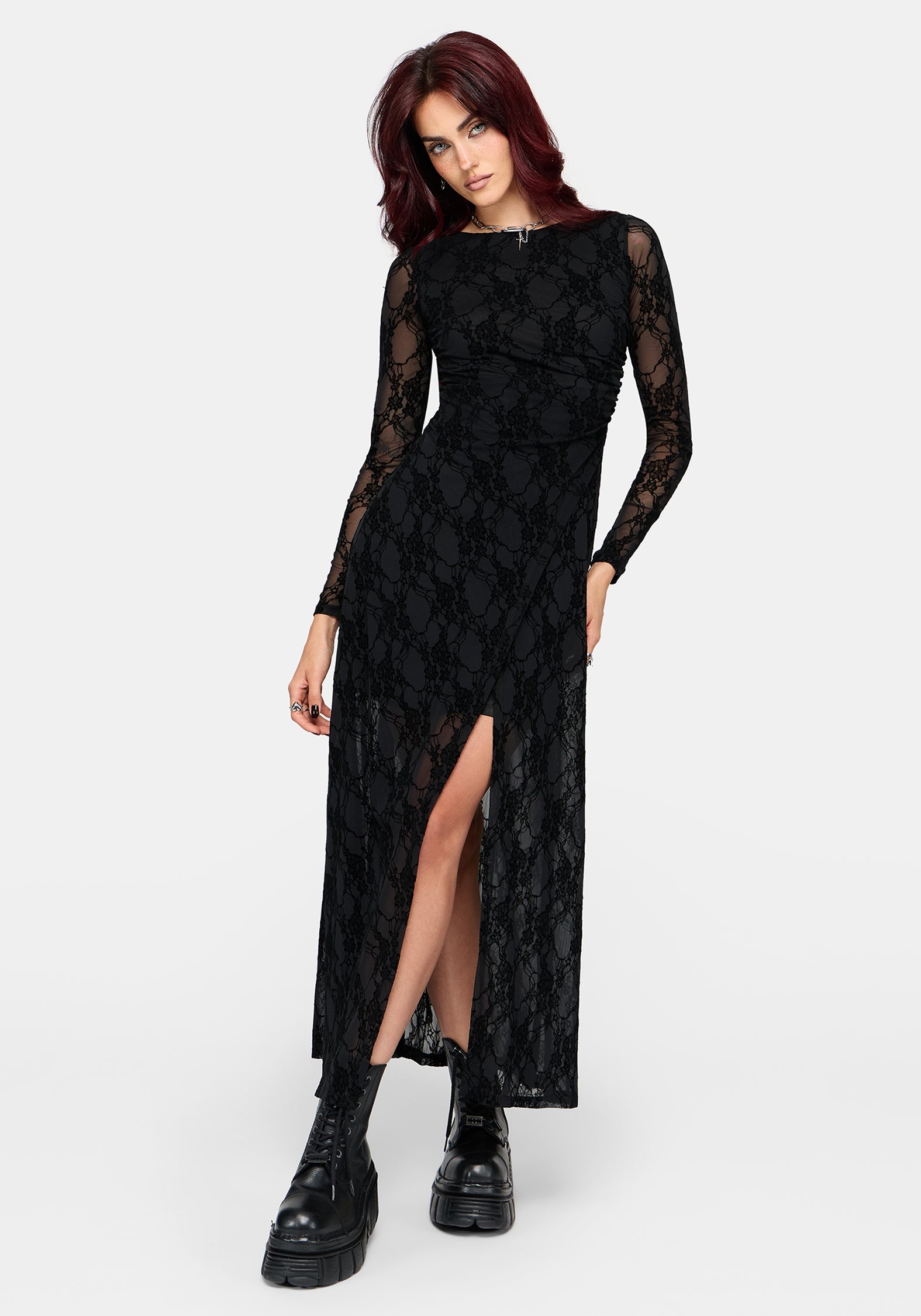 Melantha Flocked Mesh Lace Print Midaxi Dress