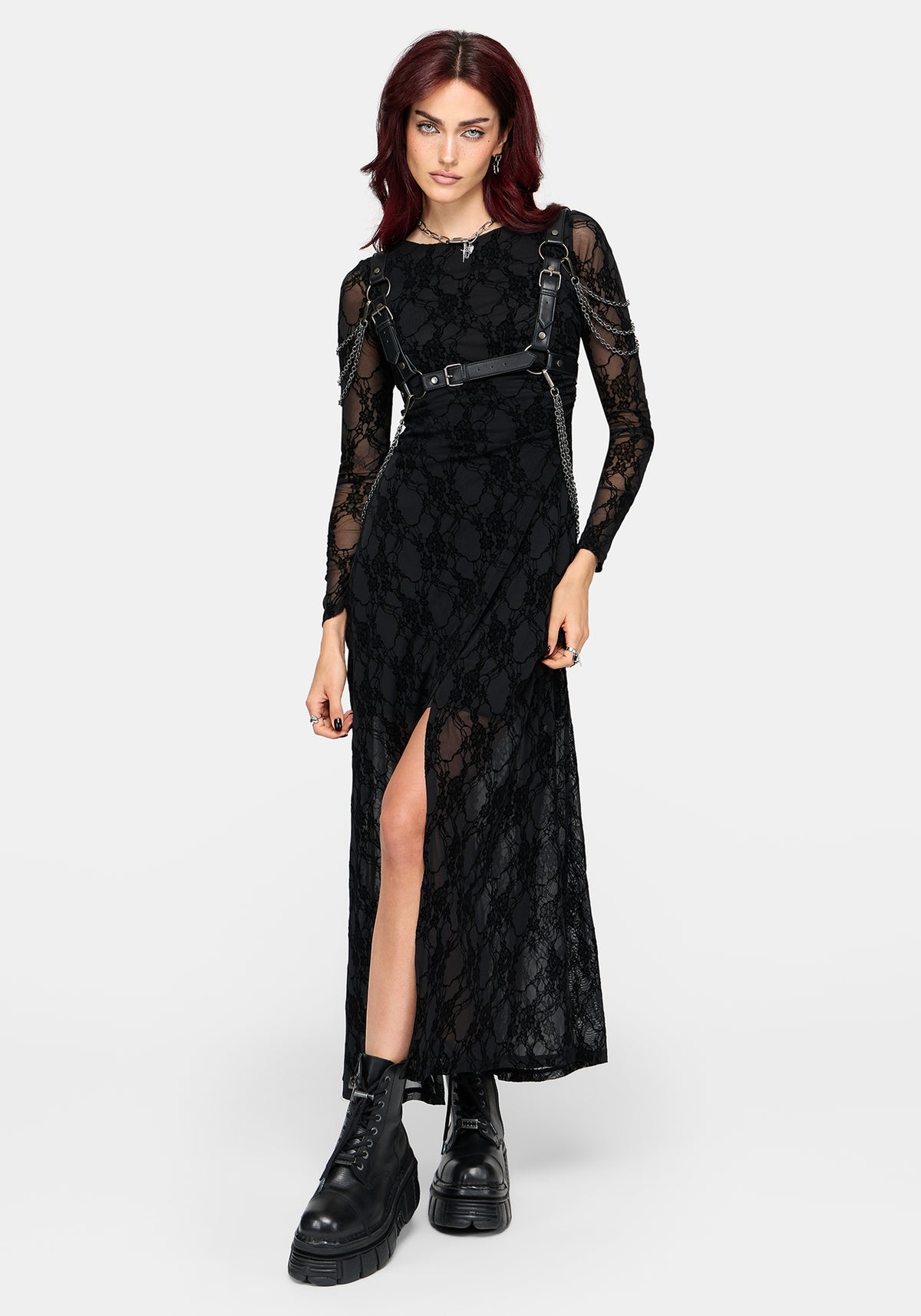 Melantha Flocked Mesh Lace Print Midaxi Dress