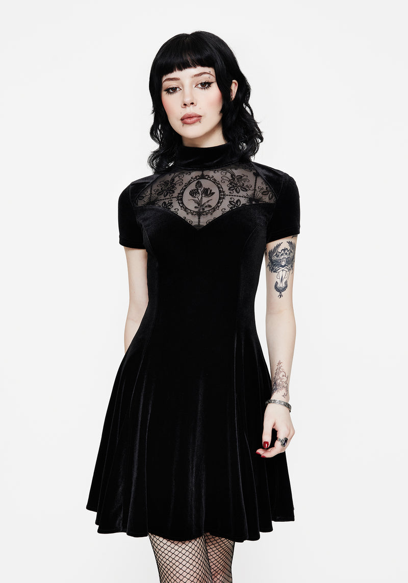Cameo High Neck Flocked Mesh Insert Skater Mini Dress – Disturbia Cameo High Neck Flocked Mesh Insert Skater Mini Dress – Disturbia