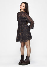 Ember Moth Print Chiffon Shirred Mini Dress