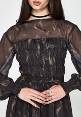 Ember Moth Print Chiffon Shirred Mini Dress