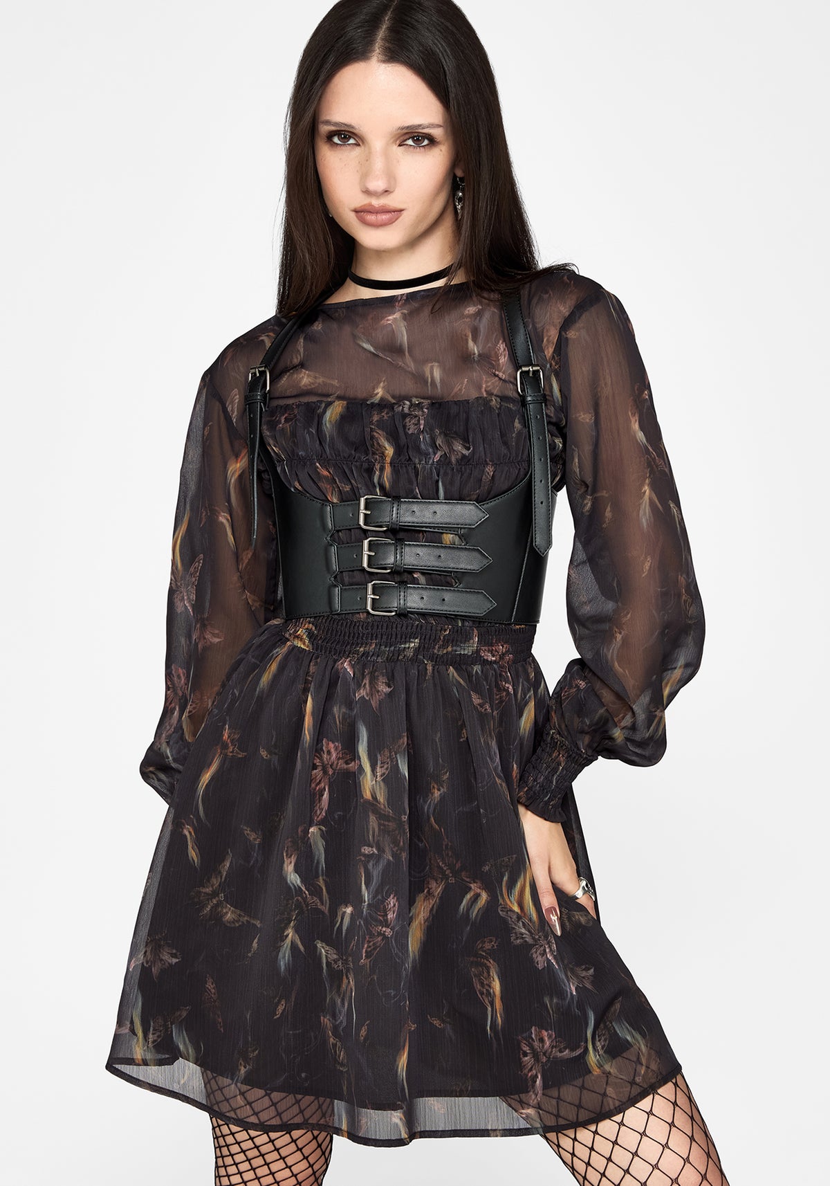 Ember Moth Print Chiffon Shirred Mini Dress