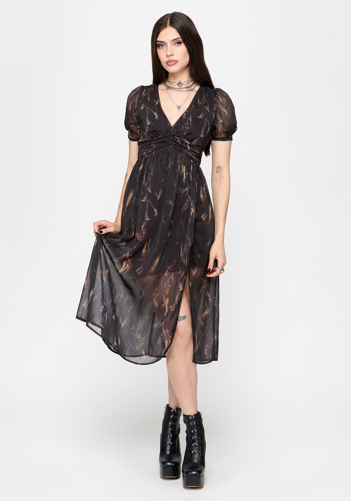 Ember Moth Print Chiffon Midi Dress