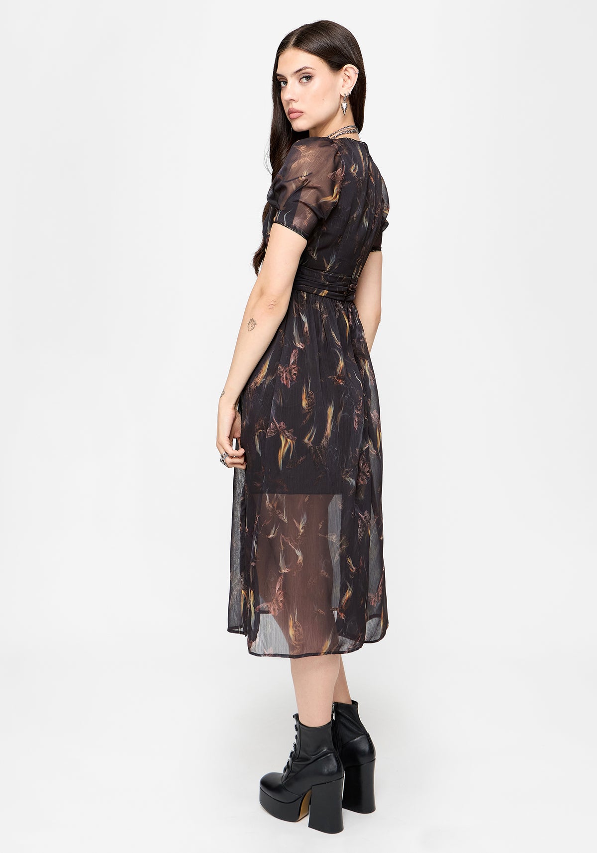 Ember Moth Print Chiffon Midi Dress